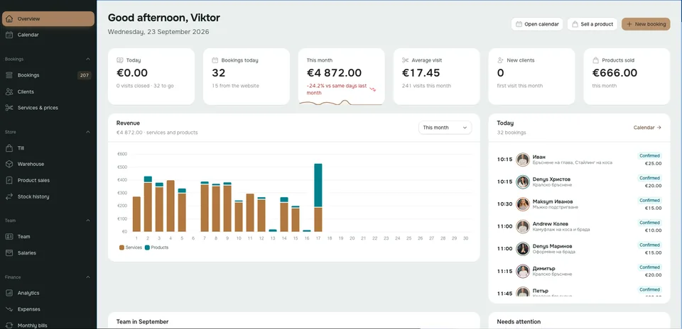 Barbershop CRM dashboard: daily bookings, revenue chart, schedule and finance modules