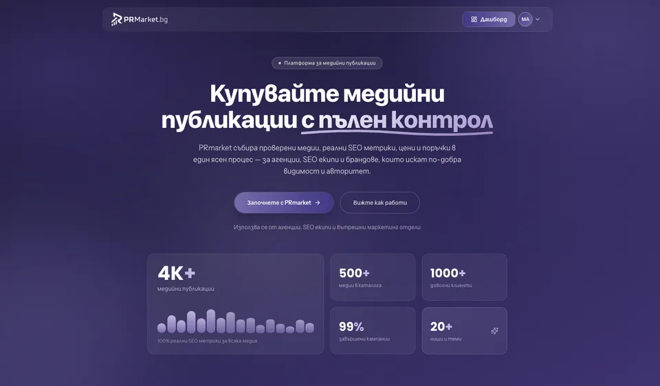 PRmarket.bg landing page: media publications marketplace with platform statistics